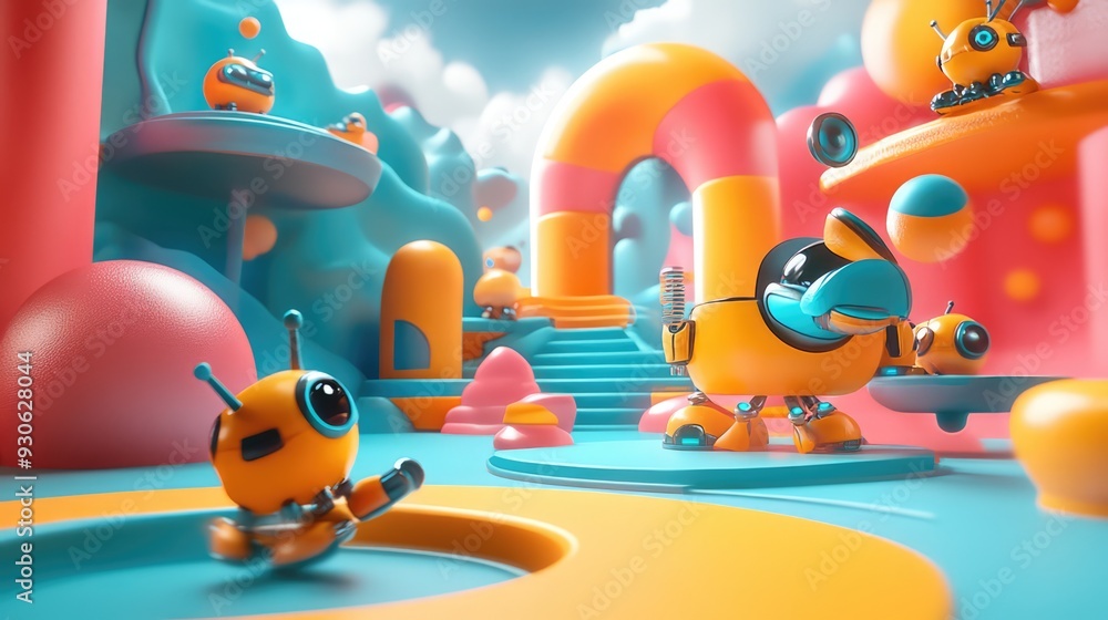 Obraz premium Whimsical 3D render of friendly robots in a futuristic playground