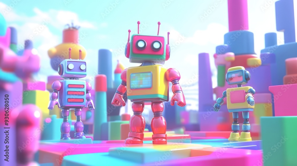 Whimsical 3D render of friendly robots in a futuristic playground Whimsical 3D render of friendly robots in a futuristic playground