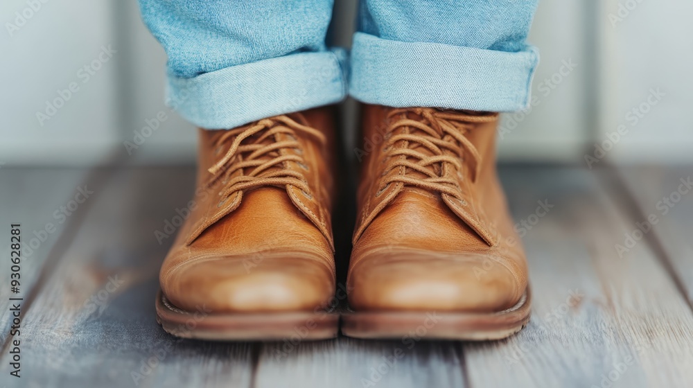 Close-up view of a pair of brown leather boots positioned side by side on a rustic wooden floor, showcasing their sturdy and stylish appearance for an outdoor or casual look. Close-up view of a pair of brown leather boots positioned side by side on a rustic wooden floor, showcasing their sturdy and stylish appearance for an outdoor or casual look.