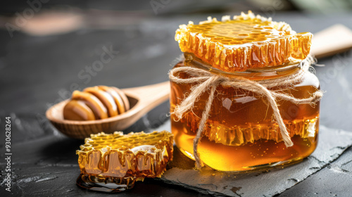 A jar of honey with a spoon next to it