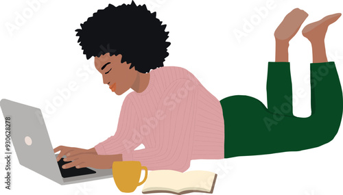 Illustration femme noire allongée ordinateur travail café livre vecteur 