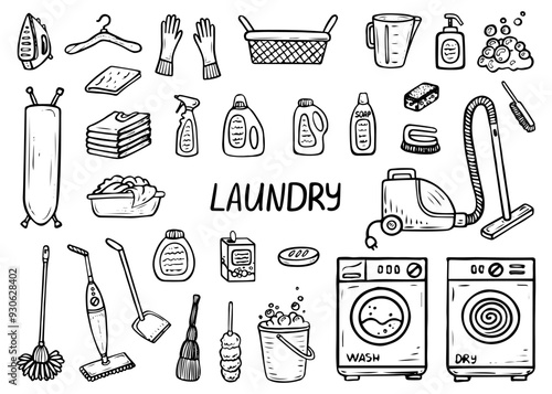 Laundry room hand drawn doodle. House cleaning. Washing and drying clothes. Vacuum cleaner, broom, gloves, soap, basket, sponge. Vector outline line art illustration.