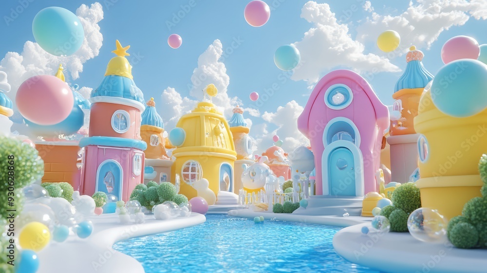 Whimsical 3D render of a world made of bubbles with bubble creatures Whimsical 3D render of a world made of bubbles with bubble creatures