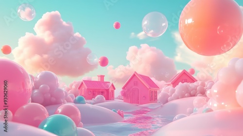 Whimsical 3D render of a world made of bubbles with bubble creatures