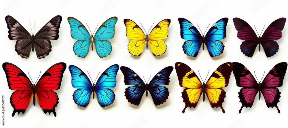 Obraz premium Colorful red, blue, and yellow butterflies isolated on white background for stunning visual impact