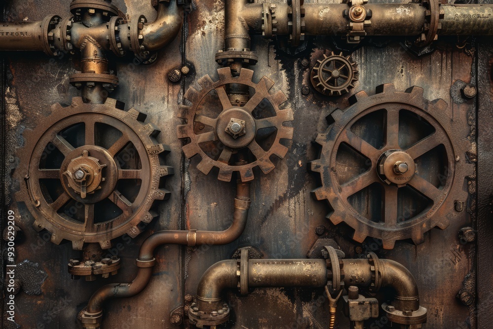 Steampunk-Inspired Wall Backdrop with Metal Surface and Gears. Steampunk-Inspired Wall Backdrop with Metal Surface and Gears.