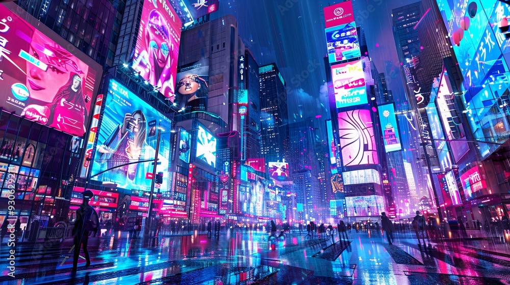 Cyberpunk Cityscape with Neon Lights and Wet Streets Cyberpunk Cityscape with Neon Lights and Wet Streets