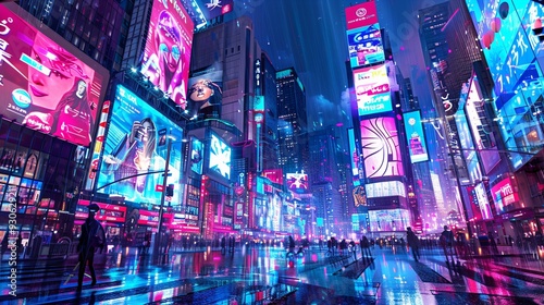 Cyberpunk Cityscape with Neon Lights and Wet Streets