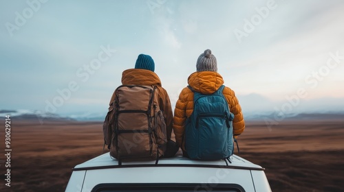 Two people with backpacks sit on the roof of a vehicle, dressed in warm gear, gazing out at a vast and beautiful landscape, symbolizing adventure and companionship. photo