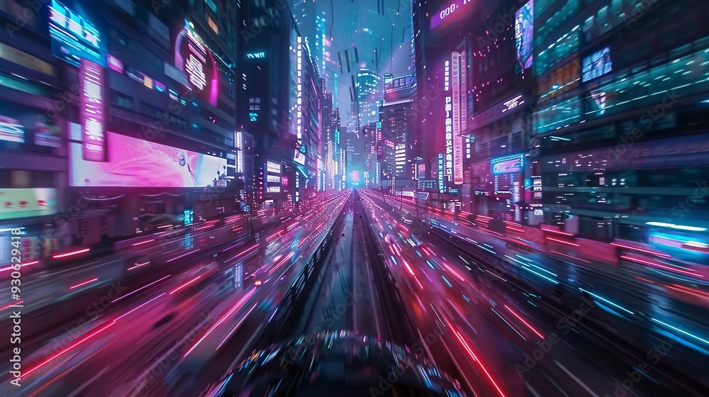 Futuristic Cityscape with Neon Lights and Traffic Trails Futuristic Cityscape with Neon Lights and Traffic Trails