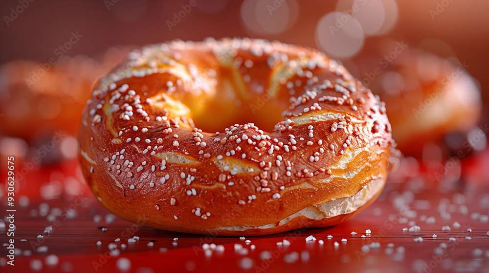 Soft pretzel sprinkled with coarse salt on a bright yellow background. Concept of tasty snack and bakery food. Soft pretzel sprinkled with coarse salt on a bright yellow background. Concept of tasty snack and bakery food.