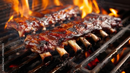 Close up of Ribs on Grill with Flames. photo