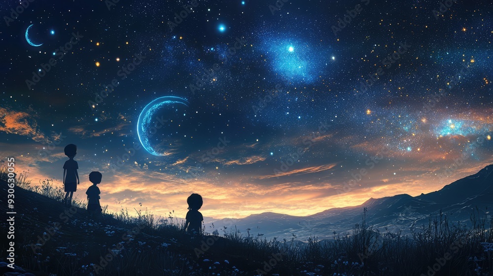 Whimsical 3D render of kids exploring a starry night sky with playful constellations Whimsical 3D render of kids exploring a starry night sky with playful constellations