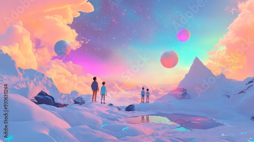 Whimsical 3D render of kids exploring a starry night sky with playful constellations