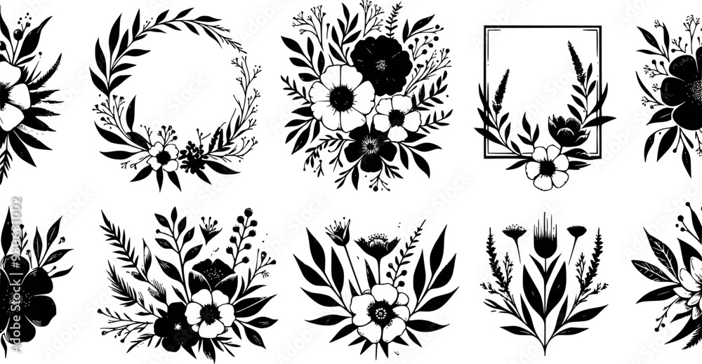 Fototapeta premium Set of caligraphic floral frame and trendy botanical elements. Wedding elegant wildflowers for invitation save the date card. Botanical feminine rustic trendy vector