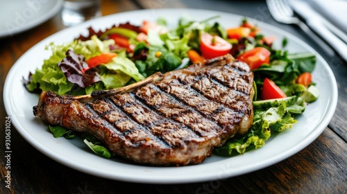 Juicy ribeye steak garnished with vibrant herbs and accompanied by fresh tomatoes, served elegantly to highlight its rich textures and flavors