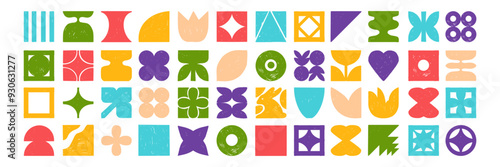 Geometric tile icon set, brutal shapes, vector hand drawn retro futuristic flowers flat collage form. Square mosaic naive figure, contemporary simple block trendy design element. Geometric icon art
