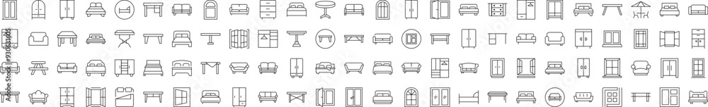 Furniture, Dresser, Couch, Sofa, Table, Window Thin Line Icon Set. Editable Stroke. Suitable for Banners, Cards, Social Networks, Apps Furniture, Dresser, Couch, Sofa, Table, Window Thin Line Icon Set. Editable Stroke. Suitable for Banners, Cards, Social Networks, Apps