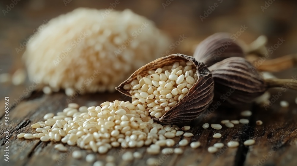 Obraz premium White sesame seeds in a wooden scoop