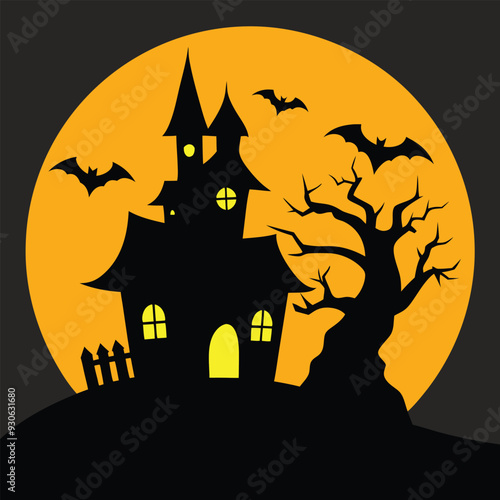 Spooky Halloween vector with haunted house, full moon, and bats in bold, chilling silhouettes.
