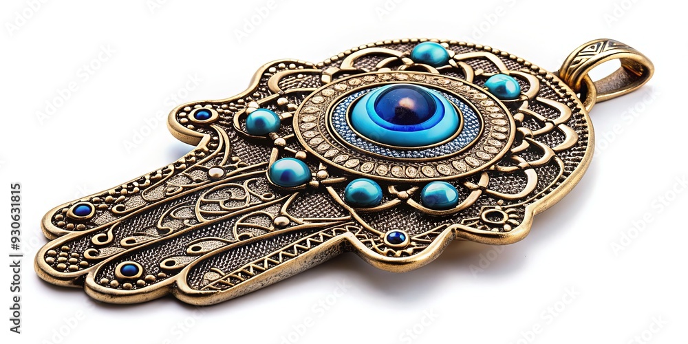An ornate Hamsa Hand amulet with intricate Middle Eastern patterns and a bright blue eye, symbolizing protection, fortune, and spiritual growth on a white background. An ornate Hamsa Hand amulet with intricate Middle Eastern patterns and a bright blue eye, symbolizing protection, fortune, and spiritual growth on a white background.