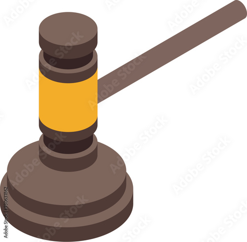 Isometric brown judge gavel striking sound block, delivering justice in court