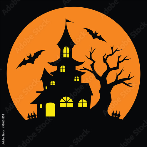 Spooky Halloween vector with haunted house, full moon, and bats in bold, chilling silhouettes.