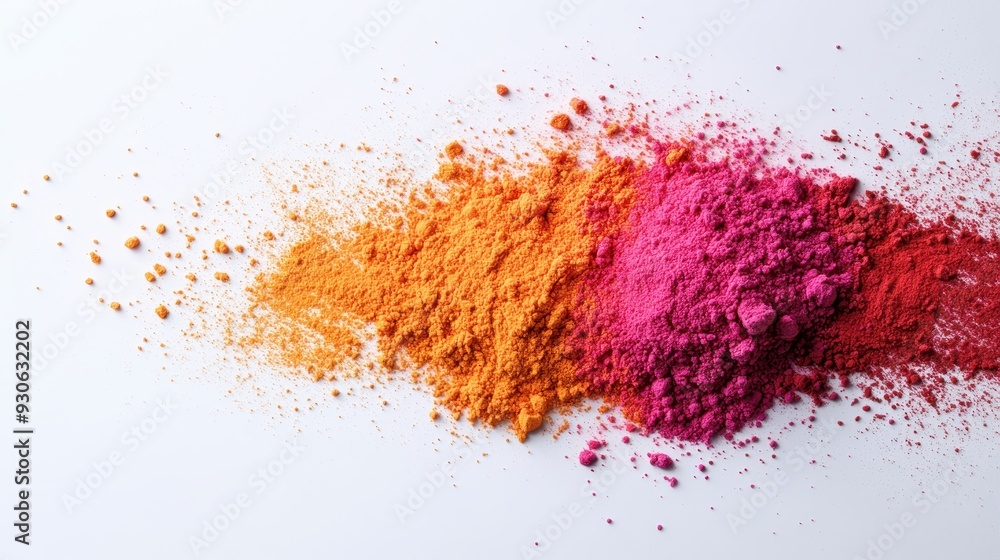 Multiple piles of colorful powdery spices, such as orange turmeric and pink beetroot powder, lie scattered on a white surface, evoking vibrancy and creativity in culinary arts. Multiple piles of colorful powdery spices, such as orange turmeric and pink beetroot powder, lie scattered on a white surface, evoking vibrancy and creativity in culinary arts.