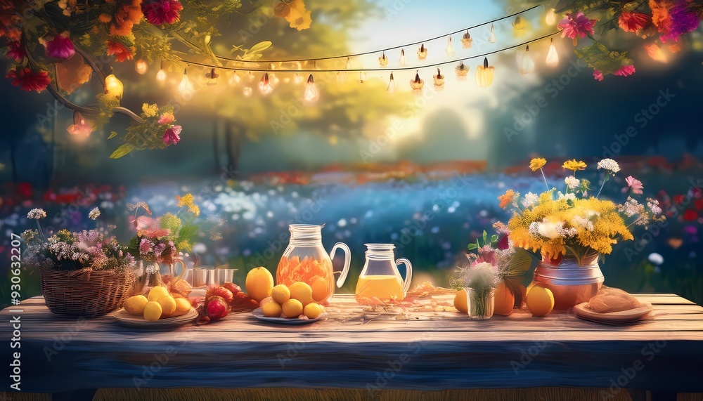 Garden Party - summer garden party scene with string lights hanging above a picnic table with drinks and food. Graphic art illustration Garden Party - summer garden party scene with string lights hanging above a picnic table with drinks and food. Graphic art illustration