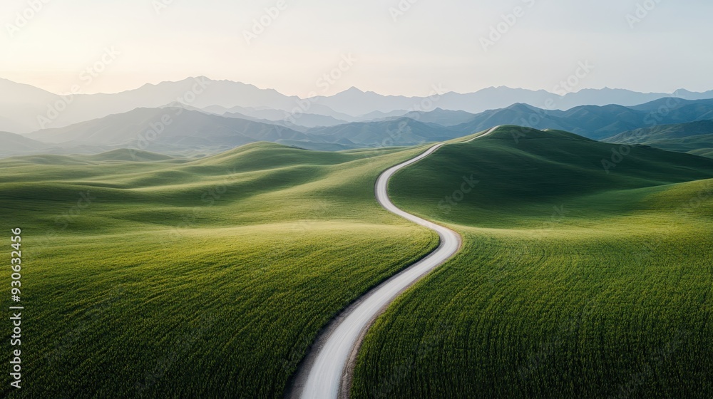 A narrow winding path stretches through a vast expanse of vibrant green fields, leading towards distant mountain ranges, symbolizing the journey and connection with nature. A narrow winding path stretches through a vast expanse of vibrant green fields, leading towards distant mountain ranges, symbolizing the journey and connection with nature.