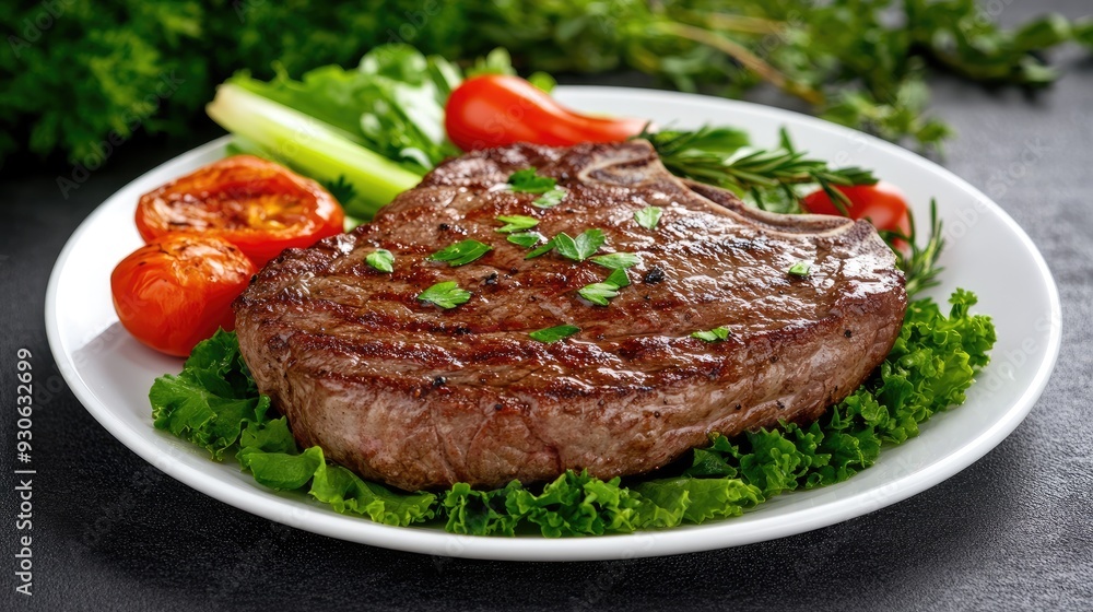 Juicy ribeye steak garnished with vibrant herbs and accompanied by fresh tomatoes, served elegantly to highlight its rich textures and flavors Juicy ribeye steak garnished with vibrant herbs and accompanied by fresh tomatoes, served elegantly to highlight its rich textures and flavors