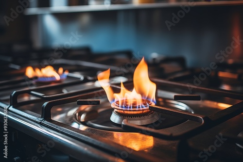 Detailed view of a gas burner actively heating on a kitchen stovetop for culinary purposes