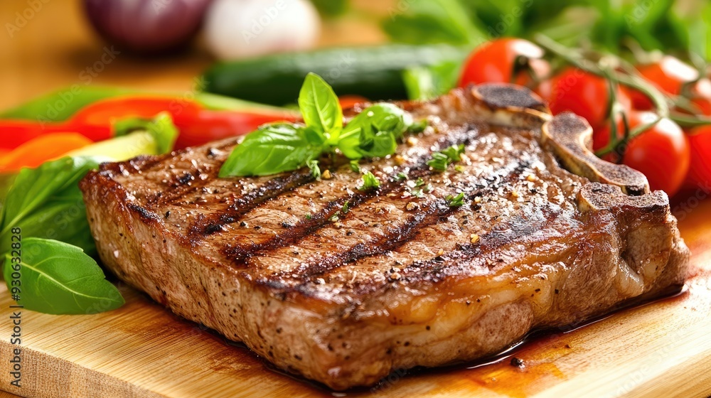 Juicy ribeye steak garnished with vibrant herbs and accompanied by fresh tomatoes, served elegantly to highlight its rich textures and flavors Juicy ribeye steak garnished with vibrant herbs and accompanied by fresh tomatoes, served elegantly to highlight its rich textures and flavors