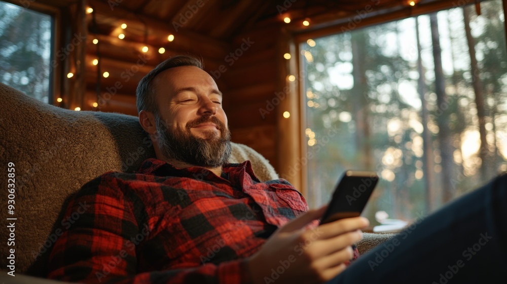 A man relaxes in a cozy cabin, checking his phone and enjoying the warm atmosphere of a rustic interior. A man relaxes in a cozy cabin, checking his phone and enjoying the warm atmosphere of a rustic interior.