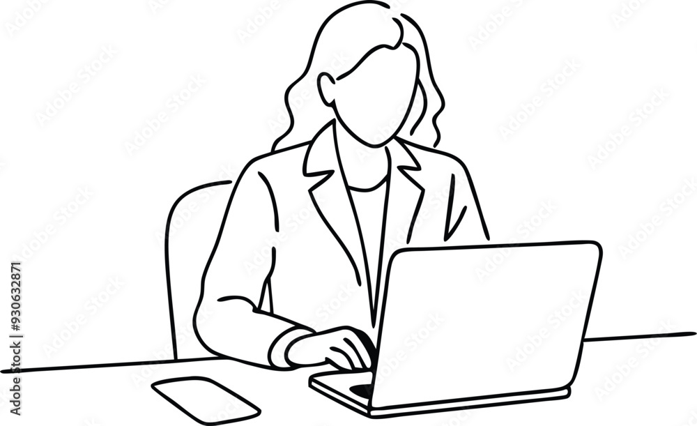 A woman working in office illustration black and white A woman working in office illustration black and white