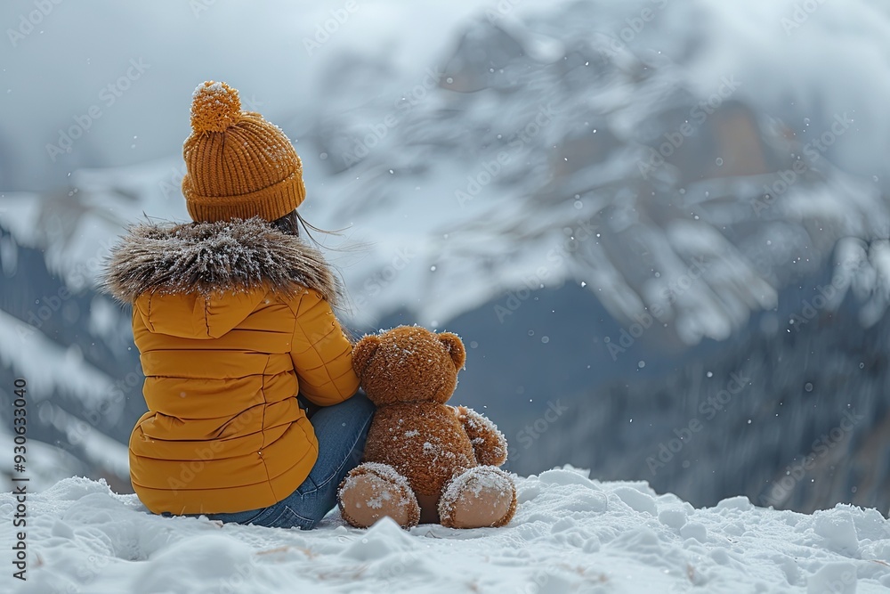 Φωτογραφία Back view child girl sits with toy teddy bear and looks at the winter snowy mountains