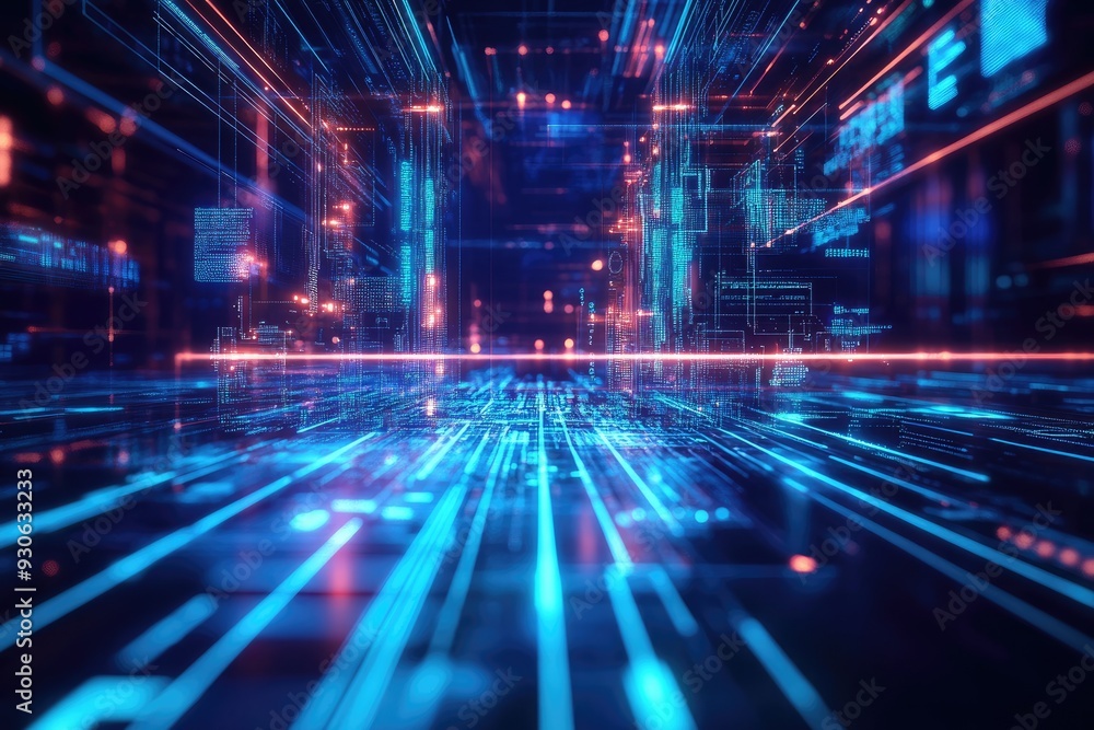 Obraz premium Futuristic Cityscape with Digital Data Streams and Glowing Lights