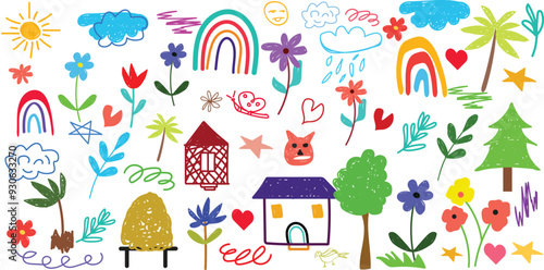 Cute kid scribble line flower, heart. rainbow background. Hand drawn doodle sketch childish element pattern