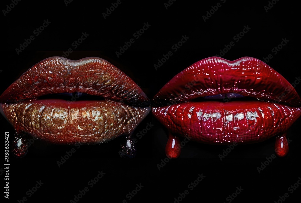 Sensual Metallic and Glossy Red Lips with Dripping Liquid Art Sensual Metallic and Glossy Red Lips with Dripping Liquid Art