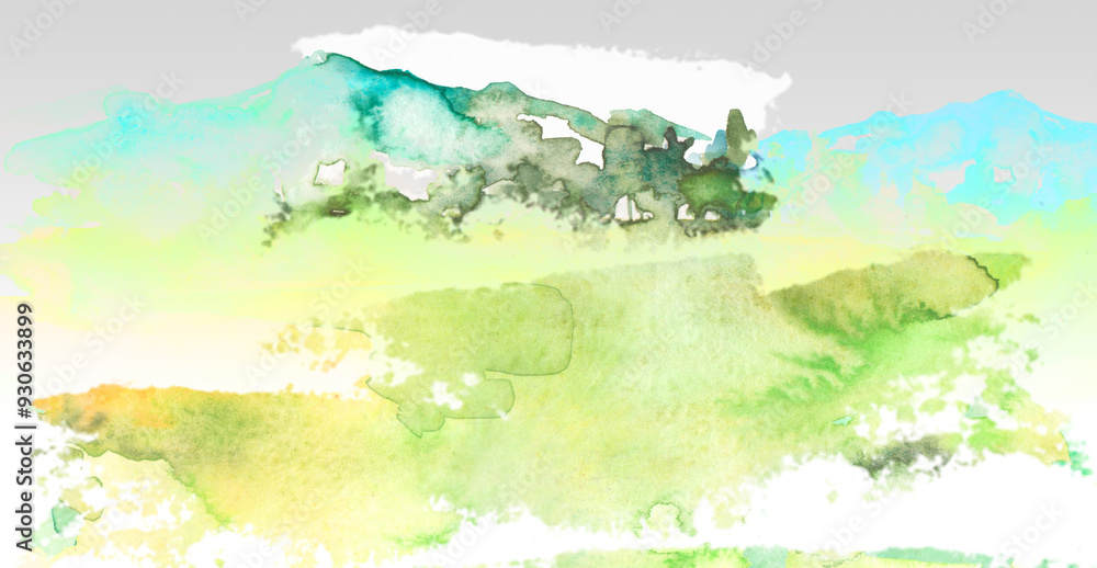 Fototapeta premium Watercolor drawing with a mountain landscape. The peak of the mountain, forest, pine. Watercolor hill, hillock.Summer, autumn landscape.Abstract paint splash. Island by the sea. mountain and greenery