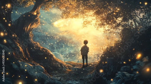 Boy Looking at the Magical Sky.