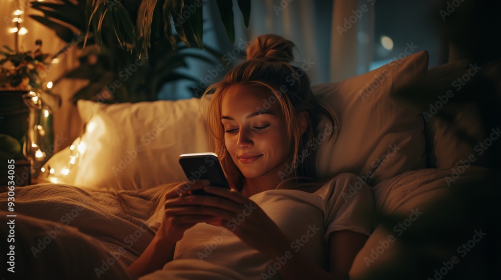A young woman lounges in a cozy bedroom, smiling at her smartphone, embodying modern tranquility. A young woman lounges in a cozy bedroom, smiling at her smartphone, embodying modern tranquility.
