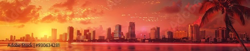  late afternoon sunset in miami, florida with orange and red colors,