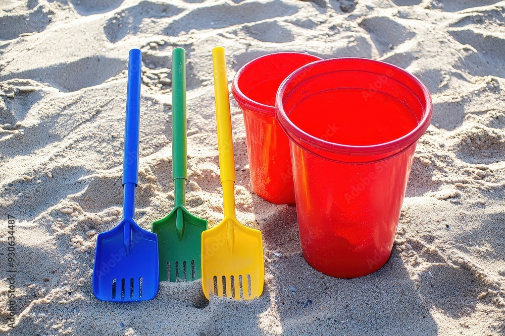 Playful Kids Beach Toys - Four Colorful Children's Shovels and Two Red Buckets on Sandy Seashore Playful Kids Beach Toys - Four Colorful Children's Shovels and Two Red Buckets on Sandy Seashore