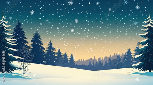 Cozy Christmas vector background with a winter landscape, snowflakes, pine trees, and a starry night sky. Warm, festive colors and traditional holiday elements