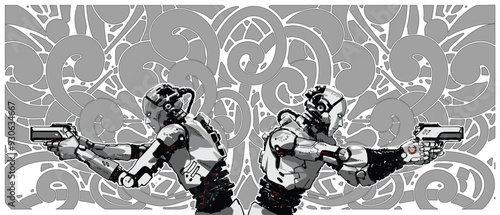 Cyborg Cop Twins Standing Guard with Guns