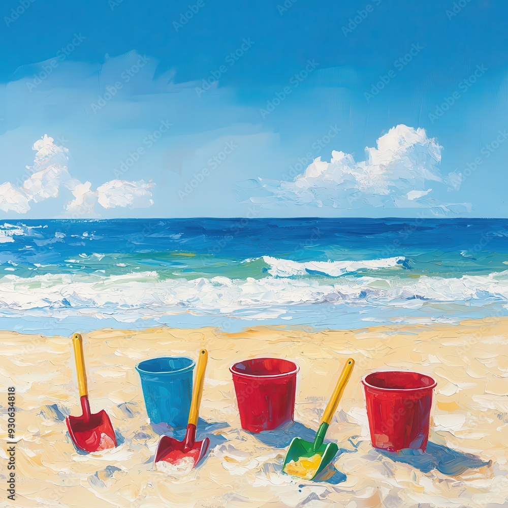 Fun in the Sun - Colorful Shovels and Red Buckets on Sunny Beach for Summer Ads Fun in the Sun - Colorful Shovels and Red Buckets on Sunny Beach for Summer Ads