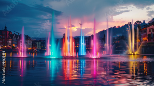 Dancing colorful fountains against the backdrop of an evening city, reflecting in the water, creating a magical atmosphere