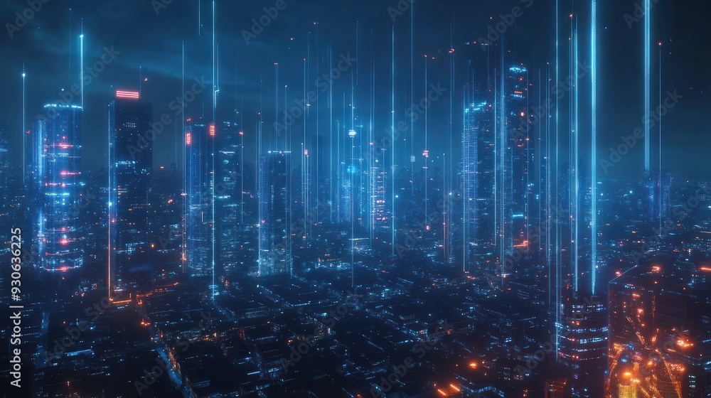Fototapeta premium Generative AI. global media link connecting on night city background, digital, internet, 5G communication, networking, smart city, business, partnership, network connection and technology concept