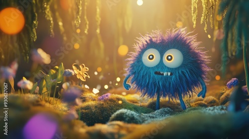 Whimsical 3D render of a whimsical cartoon character in a magical setting